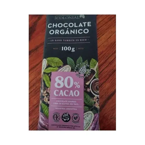 Chocolate Orgánico 80% Cacao 100 Grs Chocolate Colonial